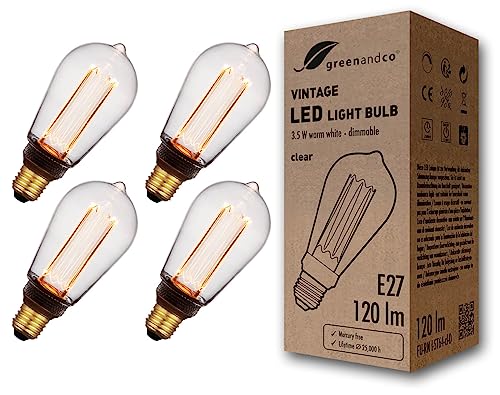 greenandco 4x dimmbare Vintage Design LED Birne zur Stimmungsbeleuchtung | E27 ST64 | klar | 3,5W 120lm | 1800K extra warmweiß | 320° | 230V | flimmer