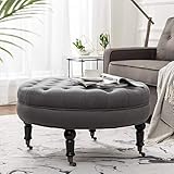 Simhoo Large Round Tufted Lined Ottoman Coffee Table with Casters,Grey Upholstery Button Footstool Cocktail with Wheels for Living Room