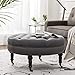 Simhoo Large Round Tufted Lined Ottoman Coffee Table with Casters,Grey Upholstery Button Footstool Cocktail with Wheels for Living Room