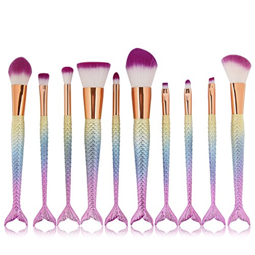 Coshine 10pcs/set Unique Mermaid Nylon Hair Makeup Brush Set Cosmetic Tools Kits (3D Rainbow) - Thumbnail 2