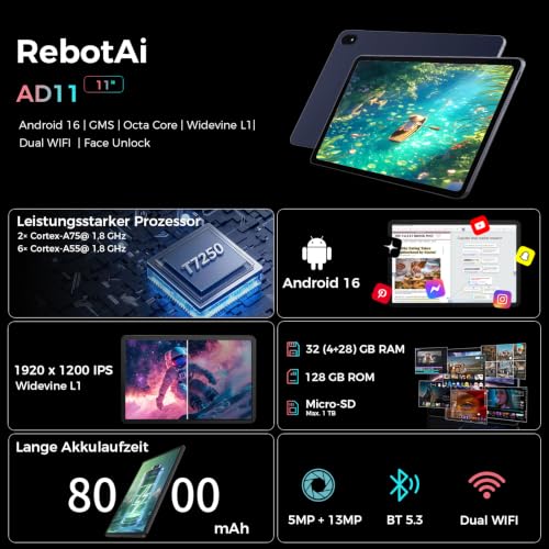 RebotAi 2026 Tablet 11 Inch Android 16 Tablets, 32GB RAM + 128GB ROM/1TB TF, 8000mAh Tablet Octa-Core 1920 x 1200 IPS, 5+13MP/Widevine L1/18W Quick Charge