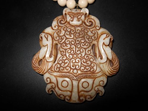 Jade DRAGON with DOUBLE PHOENIX: Large White Nephrite Hand-carved Vintage Amulet with Jade, Coral, Jasper, and Sterling Bead Necklace