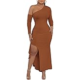 ENOPINK Women's One Shoulder Long Sleeve Formal Cocktail Wedding Guest Maxi Dresses Sexy High Slit Bodycon Evening Gowns