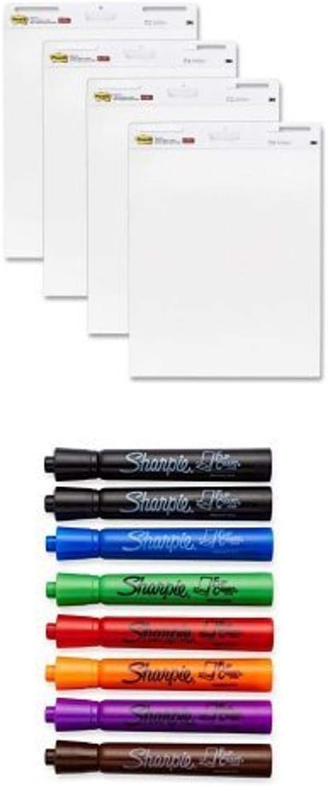 Post-it Easel Pad, 25 x 30-Inches, White, 30-Sheets/Pad, 4-Pads/Pack and Sharpie Flip Chart Markers, Bullet Tip, Assorted Colors, 8-Count Bundle : Office Products