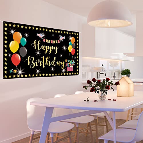 Mokonate Happy Birthday Backdrop Banner Decorations for Kids 6x3.3ft Black and Gold Balloons Star Flag Happy Birthday to You Sign Poster Photo Backdrop Backgroud Children Boys Girls Party Decor