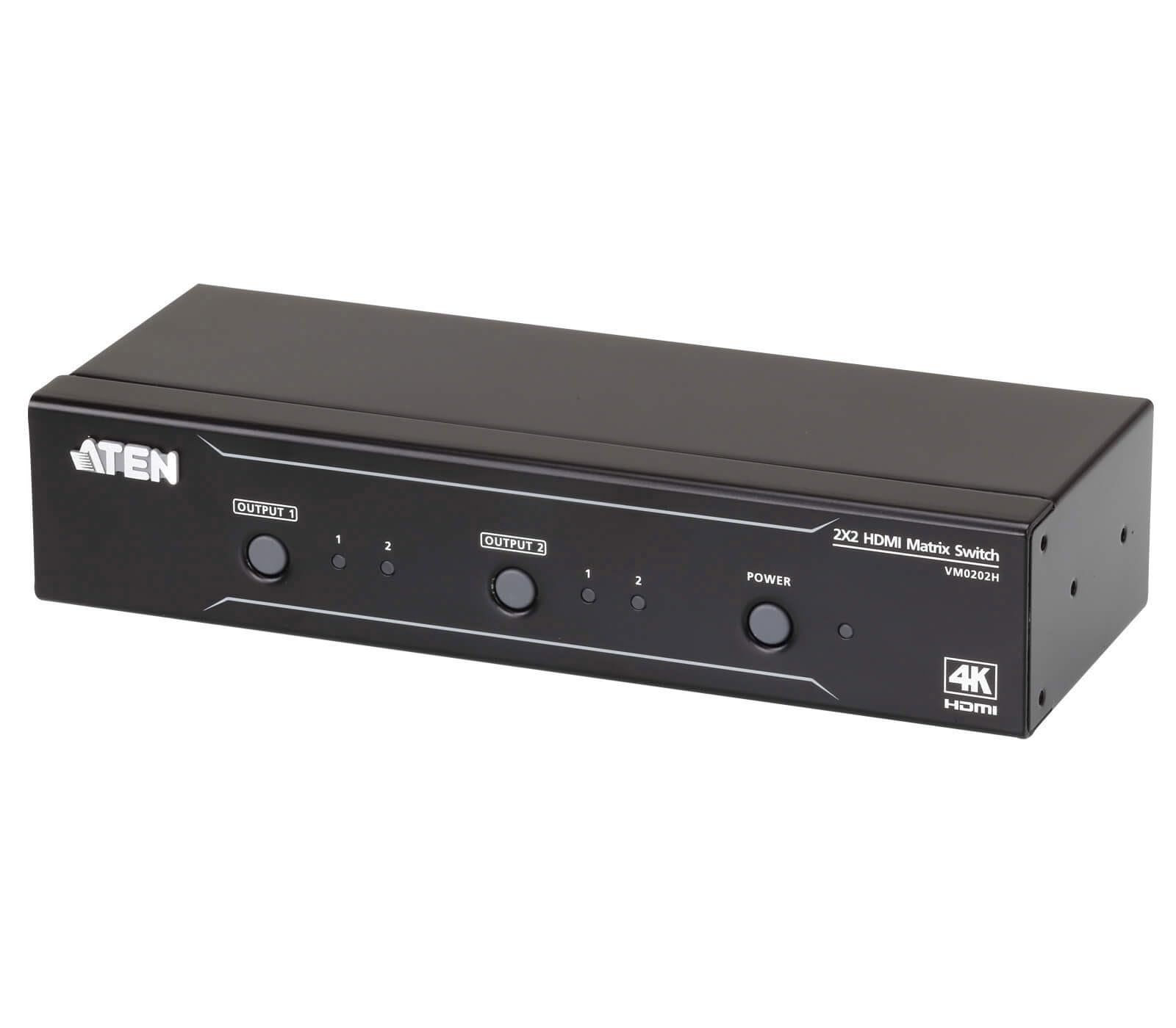 ATEN 2x2 4K HDMI Matrix Switch VM0202H, HDMI (3D, Deep Color, 4k); HDCP 1.4 Compatible, 10.2 Gbps, front panel push buttons, IR remote & RS- 232 control, distance transmission 15M, UK, 2 x 2