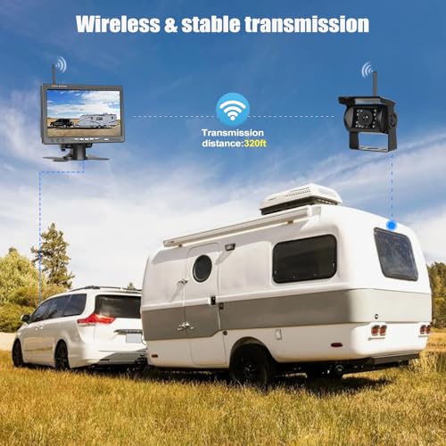 CAMECHO Wireless Reversing Camera IP68 Waterproof Night Vision Wide Angle Camera with 7 Inch HD Monitor for All Models, 12V-36V High Performance Chip with Line Reverse