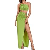 ChiaoLezhee 2 Piece High Slit Skirt Set, Sexy Cutout Floor Length Dress, Cocktail Wedding Guest, Ruched Backless Vacation