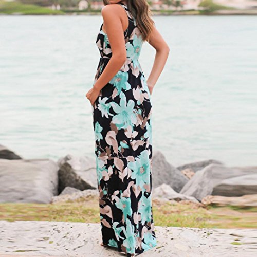 Vovotrade Women Sleeveless Floral Print Maxi Beach Long Dress With Pockets (L, Blue)