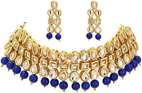 Sparkle World Indian Traditional Bollywood Bridal Choker Blue Kundan Pearls Fashion Ethnic Jewelry Set