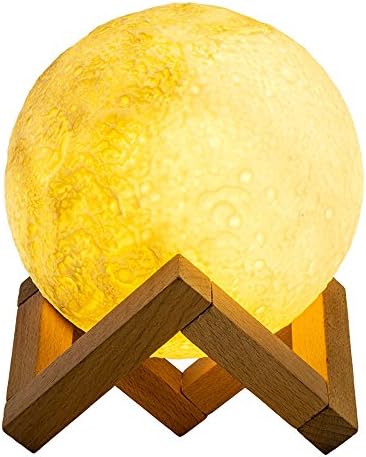 Mayround Full Moon Lamp Light,3D Printing Dimmable Modern Floor Lamp[Touch Control][USB Charging][Free Wooden Stand]White/Warm Yellow Moon Night Light Lamp,Home Decorative Lamp (22cm/8.6 inch)
