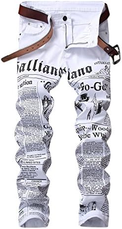 HEMIKS Men's Newspaper Letters Printed Jeans Slim Fit Zipper Skinny Denim Pants Jeans