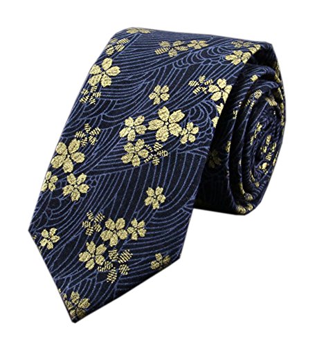Men's Navy Blue Gold Narrow Ties Cotton Flowers Printed Neckties Great for Gifts