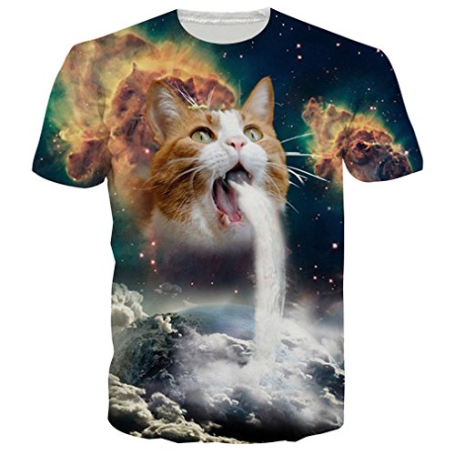 RAISEVERN Galaxy Funny Cat Vomiting a Waterfall onto Earth Vibrant Summer T Shirts Tees M