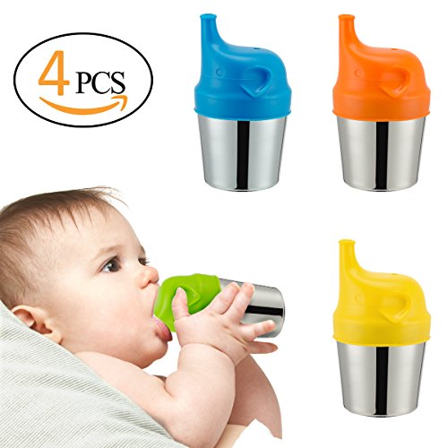Biubee 4 pack Stainless Steel Sippy Cups with 4 pcs Silicone Sippy Lids for Baby - 6 oz Double Wall Insulated Cups & BPA FREE Silicone Lids for Home & Outdoor Activities