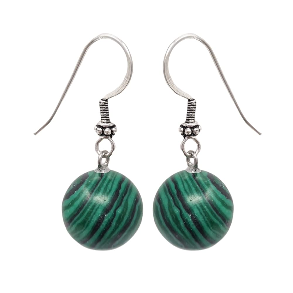 TreasureBay womens Handmade Earrings 14mm Agate Gemstone Dangle Earrings, Womens Pierced Earrings Ball Earrings 925 Sterling Silver Hook (Green Gem)