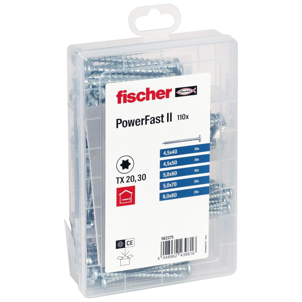 fischer Meister-Box PowerFast II Chipboard Screw, Pre-Sorted Assortment Box with 110 Screws, Mushroom Head, Full Thread and Torx Drive, Universal Set for Attaching