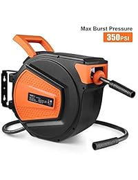 Tacklife Carrete de manguera de aire, 350 PSI Max presión de ráfaga, 3 8 "ID 50 ft híbrido polímero retráctil carrete de manguera de aire, 10 segundos de retracción lenta, 2 juegos de tornillos, 180 ° soporte giratorio