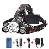 LED Headlamp, 6000 Lumens Max 4 Modes Waterproof Head Flashlight Light with 2 Rechargeable Batteries, USB Cable, Wall Charger and Car Charger for Running or Camping Outdoor Sports