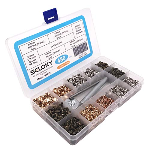Seloky 480 Sets Leather Rivets Double Cap Rivet Tubular 3 Colors 2 Sizes Metal Studs with Fixing Tools for DIY Craft/Clothes/Shoes/Bags/Belts Repair and Decoration