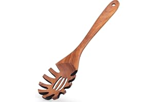 Wooden Pasta Fork with Perforated Holes for Nonstick Cookware, Serving and Draining Pasta, Serrated Edges Comfortable Handle