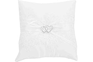 Msiud Lace Ring Bearer Pillow, Ivory Color Satin Wedding Ring Cushion with Double Heart Design Secure Tie Side Lace Trim 5.9×