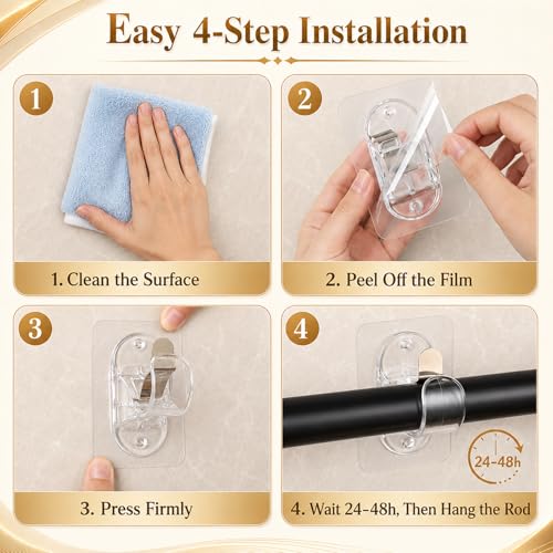 Wosyoodo 4 Ganchos para Cortinas Sin Taladrar con Tornillos - Soporte Invisible Transparente para Barra de Cortina (Hasta 20 lb), para Barra Ø 1.5-3.3 cm, Ideal para Cortinas y Toallas