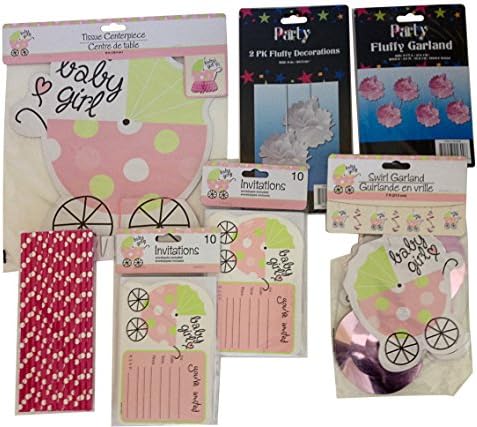 Baby Shower (Girl) Invites-decoration Set -Centerpiece-garland-straws-pom Poms