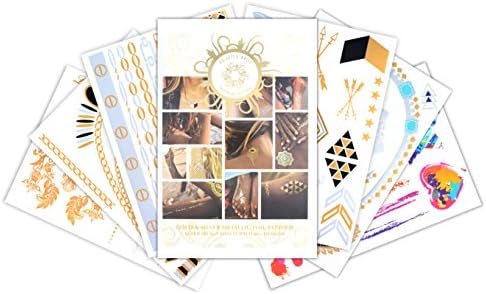 Celebrity Flash Tattoos Bundle as Used By MICHELLE PHAN - Metallic Gold Silver Black Temporary Tattoos 40+ Designs, FDA Approved, Non-Toxic, Eco-Friendly, Long Lasting and Easy To Apply