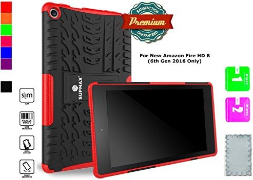 SUPMAX Guard Series Rugged Hybrid Dual Layer Case for All-New Amazon Fire HD 8 Case (2016 6th Gen Only) with Kickstand (Red)