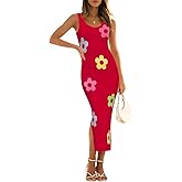 ZESICA Women's Summer Knit Bodycon Midi Dress 2026 Sleeveless Floral Crewneck Color Block Long Beach Party Dresses