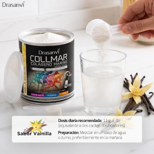 COLLMAR Colagénio Marinho Hidrolisado com Ácido Hialurónico, Magnésio, Vitamina C | para cartilagem, ossos e pele | Sem adoçantes |Dose elevada 9.717 mg/dia | 300g de pó | Sabor Baunilha