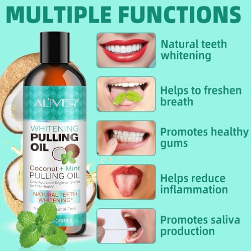 Pulling Oil with Coconut & Peppermint Oil-Mouthwash for Oral Care-Teeth Whitening and Fresh Breath, Organic Essential Oils Mouthwash With Tongue Scraper Alcohol-Free, Treatment for Gums-8 Fl.Oz