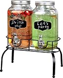 Estilo EST3095 Embo Glass Mason Jar Double Drink Dispenser with Leak Free Spigot On Metal Stand With Embossed Chalkboard and Chalk, Clear, 1 Gallon,