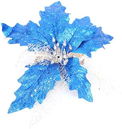 Glitter Hollow Wedding Party Decor Christmas Flowers New Powder Paillette Simulation Flowers Xmas Tree Decoration 10PCS (Blue)
