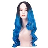 UQINZ Ombre Wigs Long Wavy Synthetic Cosplay Wig Black to Blue Natural Hair Wig for Women (28 inches)