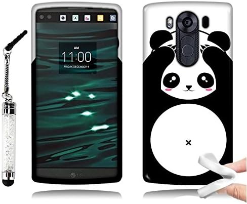 Tadnil Bundle LG V10 Flexible Slim Silicone TPU Skin Protector Cover Case - Panda Bear Black White + Crystal Stylus