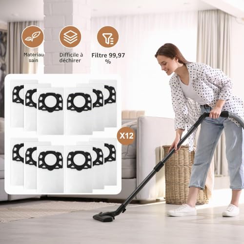 KFI 487 Pack of 12 Vacuum Cleaner Bags for Kärcher WD4/WD5/WD6/WD5P/WD6P/MV4/MV5/MV6, Compatible with Kärcher Vacuum Cleaner 2.863-006.0, with 1 Brush