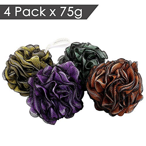 Loofah Shower Scrunchie Large for Men Women, 75g Each JCMASTER Mesh Pouf Poofs Puff Bath Lufa Loufa Luffa Scrubber Sponges for Exfoliating Your Skin, 4 Colors Pack