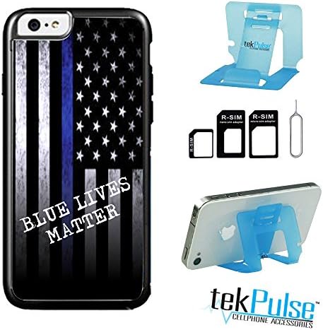 TekPulse (tm) Police Blue Lives Matter Real Leather TPU Back Cell Phone Case & Nano Sim Card Adapter & Collapsible Cell Phone Stand - [Bundle Pack, 3 pcs] - Direct Print Technology [iPhone 5c]