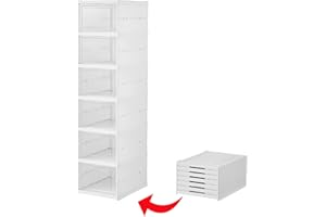 FUYUN Plastic Shoe Organizer - Stackable and Foldable 6-Tier Shoe Boxes for Closet, Clear and Space-Saving Sneaker Containers