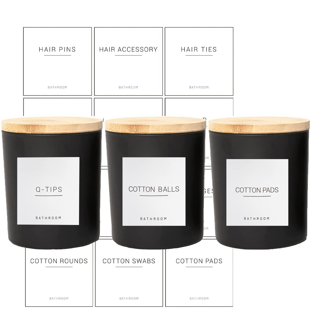 3PCS Modern 13.53oz Black Bathroom Canisters with 12 Labels & Wooden Lid Thick Glass Jar Set Qtip Holder for Cotton Ball & Pads Storage Organization Minimalist Decor