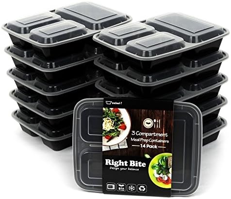 14 Pack, Right Bite, Meal Prep Containers 3 Compartment, Portion Control Food Storage, BPA Free Bento Lunch Box