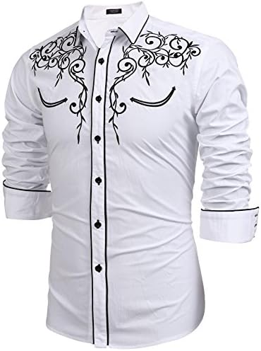 Modefine Men's Casual Fashion Long Sleeve Embroidery Slim Fit Dress Shirt Button Downl Shirt