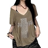 Punk Goth Cross Graphic Tshirts Emo Grunge Off Shoulder Summer Y2K Vintage Shirt Top 90s Fairy Harajuku Tee Clothes
