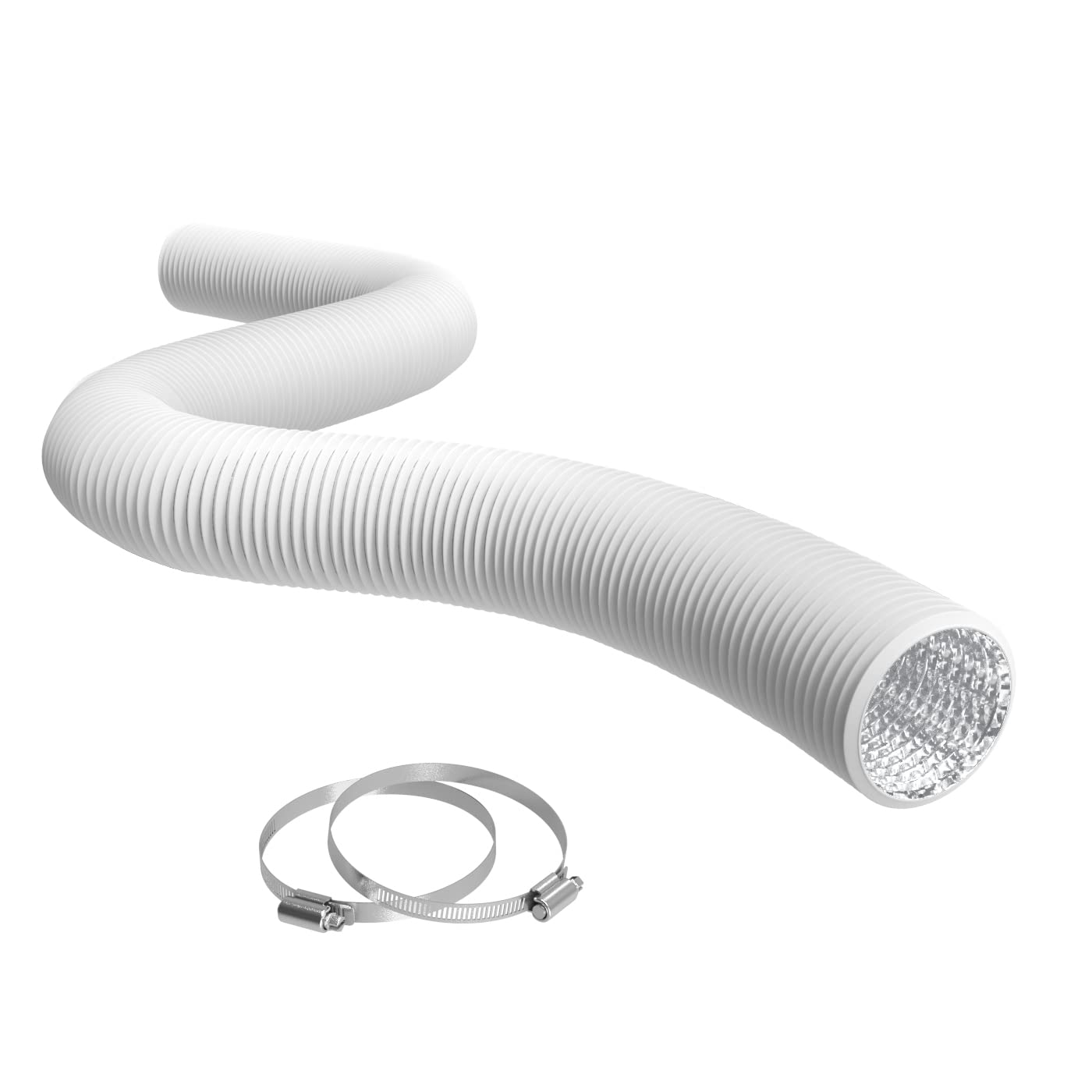 TerraBloom 4 Inch by 8 Feet Flexible Ducting Hose with 2 Clamps. White Lightproof Coating, Sturdy, 4 Layer HVAC Duct for Air Circulation, Dryer Rooms and Indoor Garden Purposes