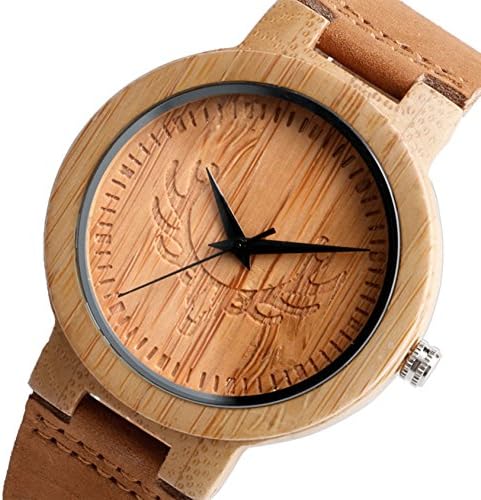 Men’s Hand-Made Unique Elk Bucks Design Wood Watches Fashion Light Bamboo Quartz Wristwatch with Genuine Brown Leather Bracelet