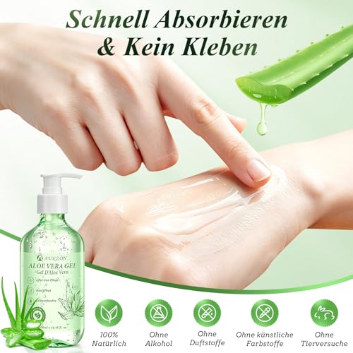 Aloe Vera Gel 300 ml - 100% Natural Aloe Vera Moisturising Cream for Face, Body and Hair, Soothing Nourishing Natural Cosmetics for Dry Stressed Skin, After Sun Sunburn