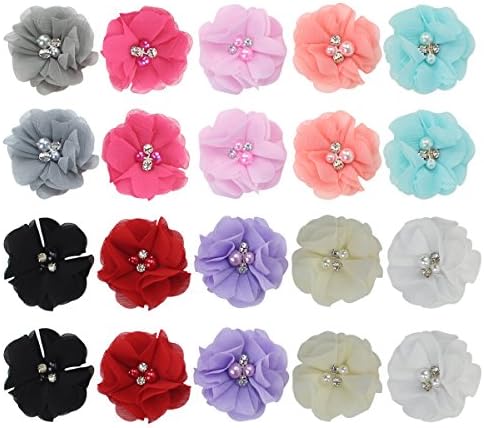Habibee 20 Pcs Hair Clips 2.2inch Chiffon Flower with Rhinestone Bead Pearl for Baby Grils