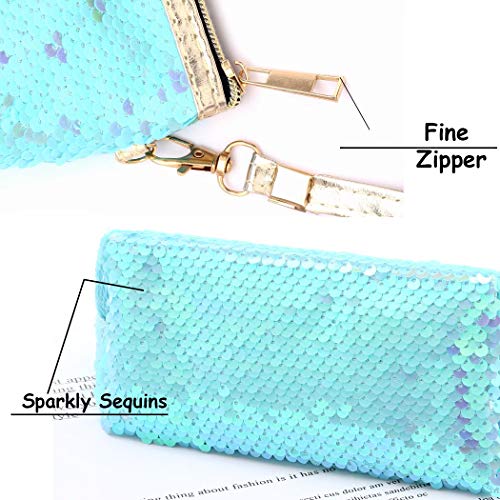Brishow Envelope Type Travel Makeup Bag Portable Clutch Toiletry Bag Cosmetic Makeup Case Mermaid Sequins Organizer Bag with Zipper for Women and Girls (Blue)